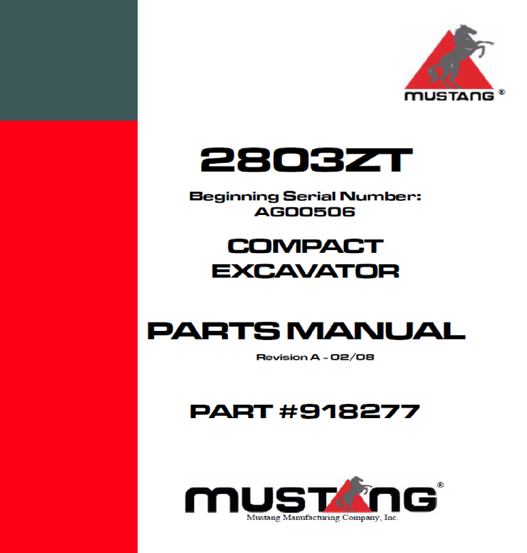 Mustang 2803ZT Compact Excavator Parts Catalog Manual 918277 PDF Download